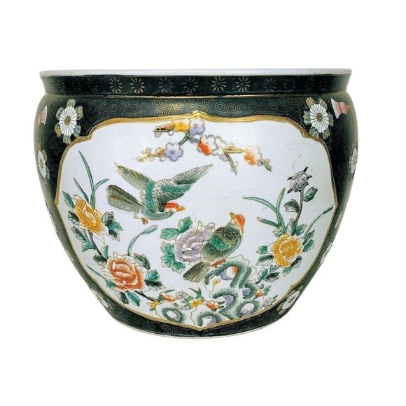 Ceramic Chinese Chinoiserie Fishbowl Floral Bird Motif Vintage Bowl Planter - Picture 4 of 9